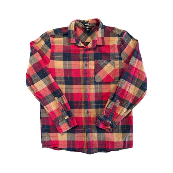 Volcom Flannel Shirt Mens XL Modern Fit Plaid Long Sleeve Button Front Red Navy - Picture 2 of 13